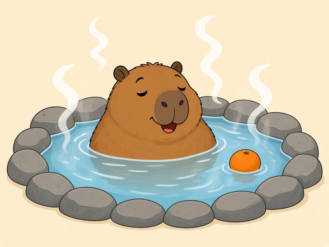 Kiko relaxing in a steamy hot spring with an orange floating beside him